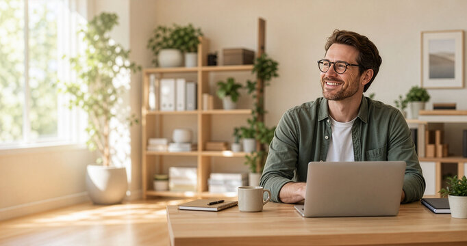 An image evoking the warmth and calm of cloud accounting; a smooth workflow for a freelance small business owner (includes negative space)