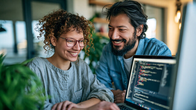 An attractive couple of software engineers coding together on a computer at a bright home office candid teamwork software engineer coding home office programming freelance