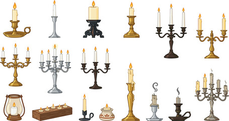 Vintage Candlestick and Candelabra Vector Set with Burning Wax Candles, Lanterns, and Holders for Elegant Home Decor, Halloween, and Holiday Celebration Graphic Designs © ArjunaAkter