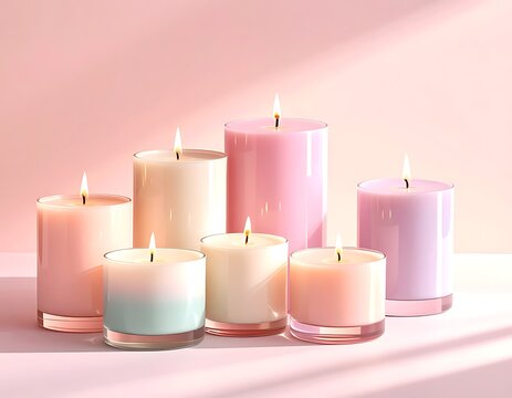 A serene arrangement of seven lit candles in pastel hues