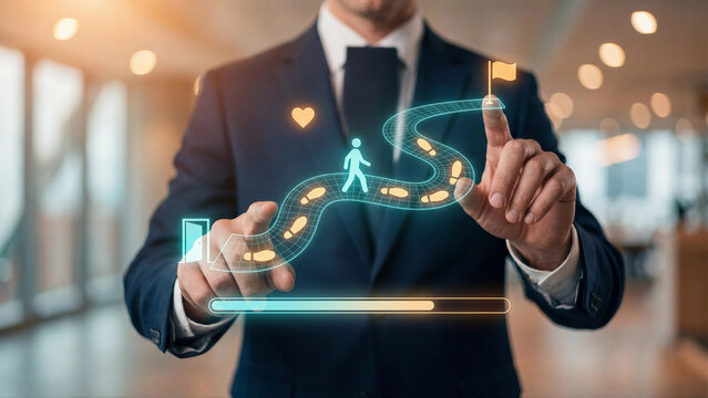 Businessman touching a glowing winding path with footprints from an open door to a goal flag as a walking figure, heart and progress bar float, a customer journey roadmap concept