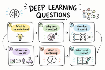 Naklejka premium A graphic displays six numbered questions related to deep learning, illustrating a learning progression.