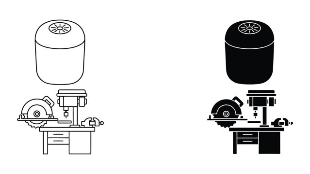 Professional workshop power tools and table saw vector icon set