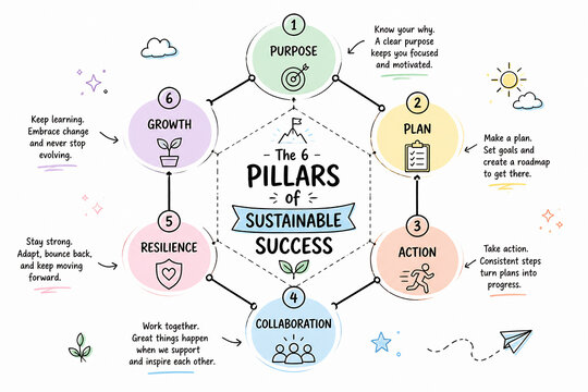 A diagram illustrates the six pillars of sustainable success: Purpose, Plan, Action, Collaboration, Resilience, and Growth.