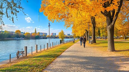Naklejka premium Autumn landscape along the river with the television tower in Berlin Germany during the day time