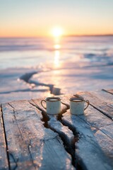 Fototapeta premium Romantic sunrise coffee cups on frozen wooden pier with soft pastel sea background for social media and morning mood posts