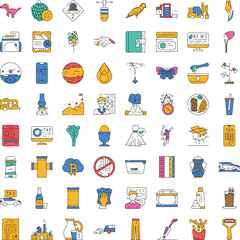 Fototapeta premium Large collection of colorful line icons on a white background, illustrating a wide range of business, finance, technology, nature, food, and daily life subjects