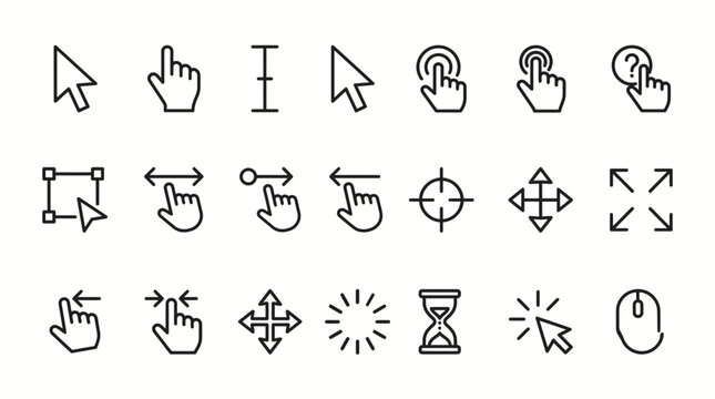 Various computer cursor icons are shown in a detailed graphic illustration.