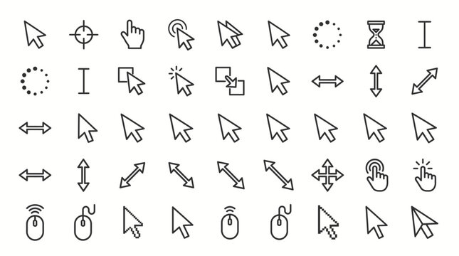 A collection of various computer cursor icons and symbols for technology and graphic design.