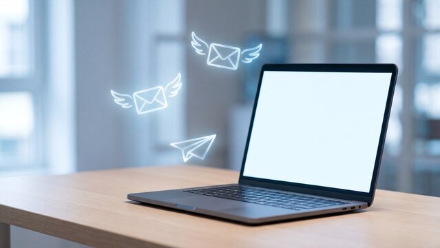 Laptop with a blank white screen on a wooden desk with glowing winged envelopes and a paper plane flying in a bright room as an email sending, newsletter and communication concept
