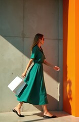 Obraz premium Stylish woman in green dress walks past concrete wall with orange accent. Fashionable girl holds white paper shopping bag moving along modern building exterior. Female shopper enjoys city stroll