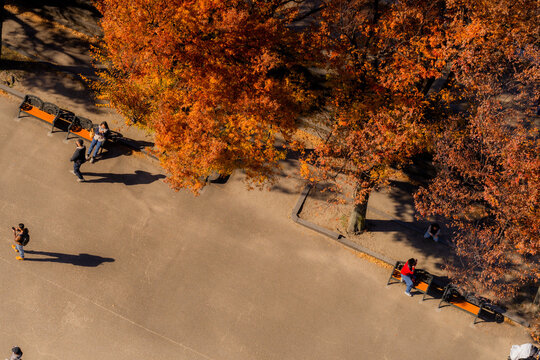 Aerial top down view of a couple by the bench at the upper left, a photographer pausing mid frame and a seated walker at the right on a sunlit park plaza in Japan, high angle city scene