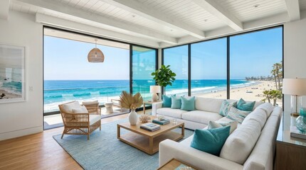 Fototapeta premium Coastal living room with ocean view, modern interior design