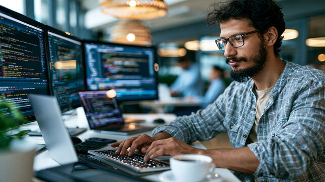 An attractive man writing lines of code on a desktop with multiple monitors and a laptop in a bright creative office data scientist working on an innovative service coding data