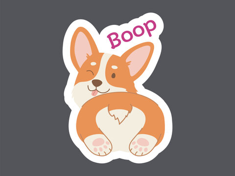 Happy winking lying corgi dog - sticker with a text Doop. Flat color vector illustration isolated on a dark background