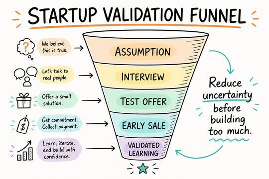 A diagram illustrates the Startup Validation Funnel process, moving from initial assumptions to validated learning.
