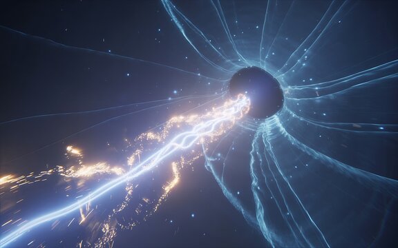 Black hole vortex with blue energy tendrils and a bright orange and white energy stream being pulled into its gravitational pull in deep space Keywords: black hole, vortex, energy tendrils, blue