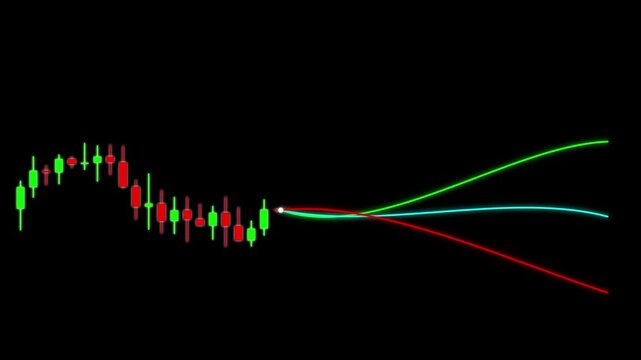 Digital AI trading candlestick chart displaying real time market analysis and future price prediction trends on a black background.