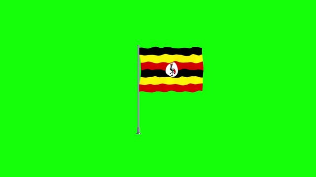 Uganda flag waving in slow motion on a pole against a vivid green background, national symbol, patriotism, Africa.
