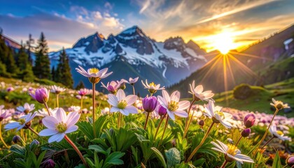 Obraz premium A stunning meadow of wildflowers bathed in the warm glow of a setting sun, with majestic snow-capped mountains in the background.