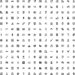 Fototapeta premium Minimalist collection of diverse thin line vector icons depicting everyday items, food, sports, transportation, technology, and abstract concepts for various uses