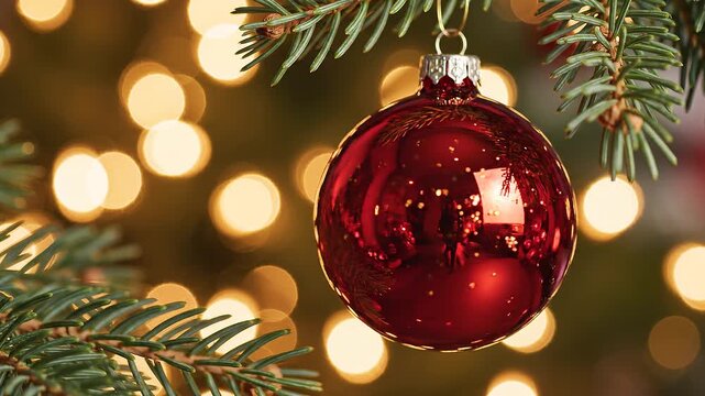 Red christmas ornament hanging on pine tree branch with bokeh golden lights bauble holiday decoration winter shimmer