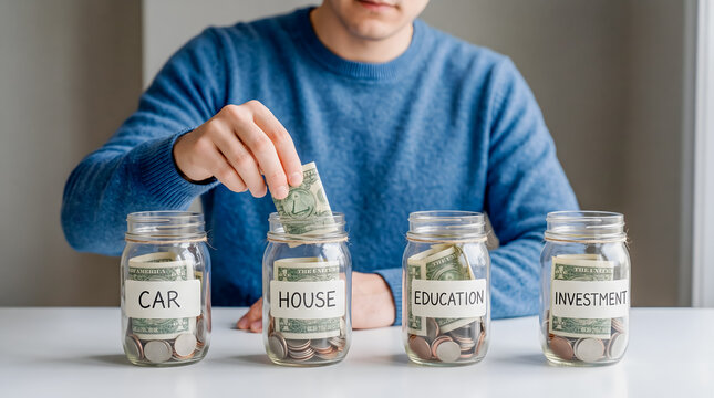 Man placing dollar bill into savings jars labeled car house education investment