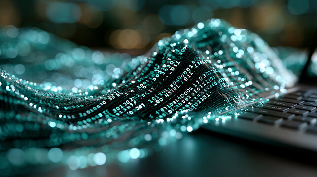 A glowing digital wave background with program code machine learning and big data concept vivid luminous depth machine learning artificial intelligence big data large