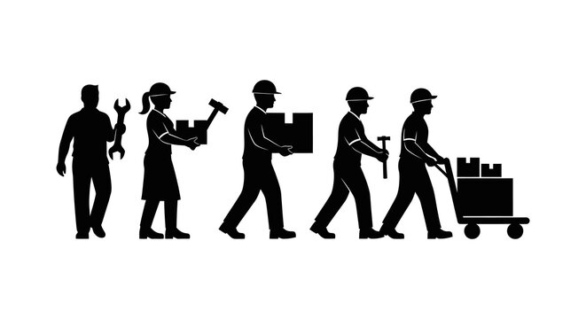 Silhouette of construction workers with tools and equipment