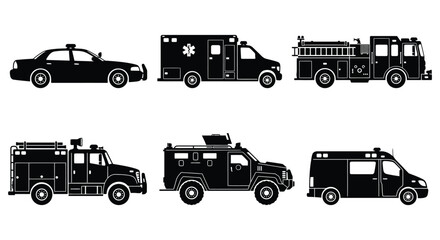 Emergency Vehicle Silhouettes On White Background Transportation Collection © Nasima