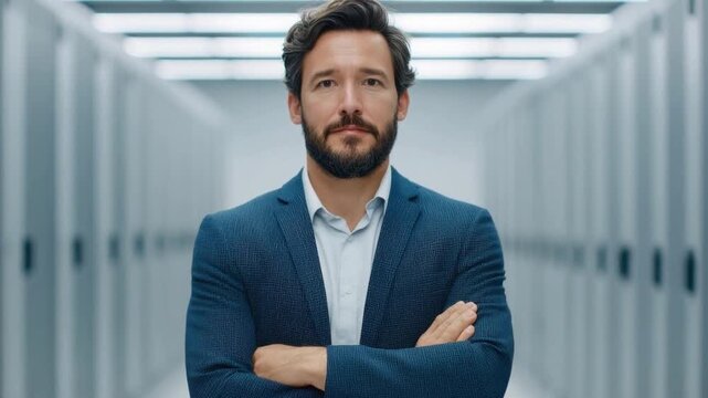 Confident young man in suit standing with arms crossed in modern server room with rows of technology equipment and bright LED lighting, serious professional posture