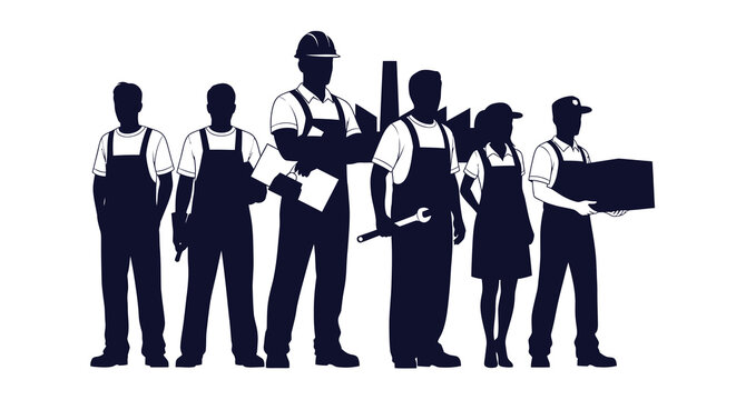 Silhouette of diverse construction workers with tools on white background