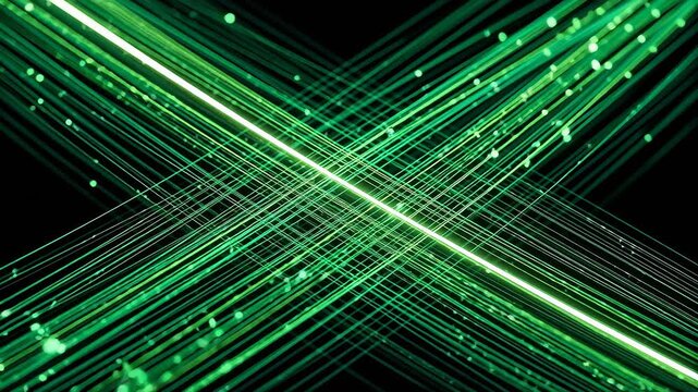 Crossing emerald green fiber-optic light streaks forming an X pattern on black, abstract neon motion background, 4K background video