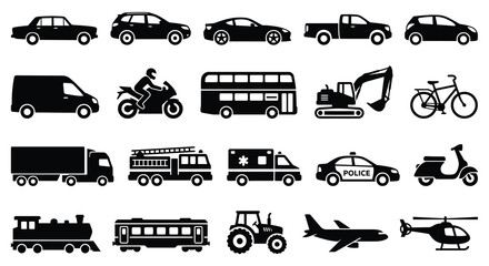 Vehicle Silhouettes Collection Black And White Transportation Icons © Nasima