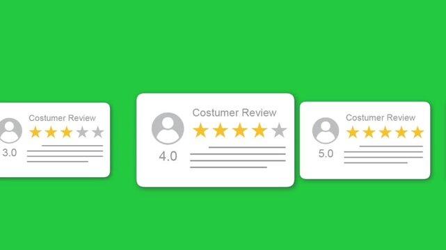 Motion graphic video of a customer review animation featuring a 1-to-5 star rating on a green background.
