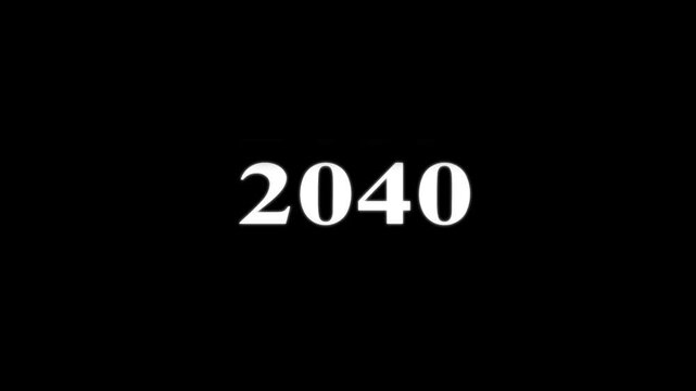 White numeric digits 2040 centered on a solid black background for a countdown or a digital display sequence representing a future year or time