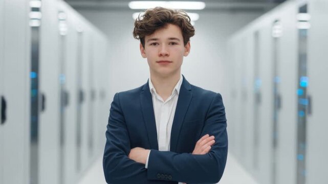 Young confident businessman with crossed arms wearing smart suit standing in modern technology data center corridor looking at camera