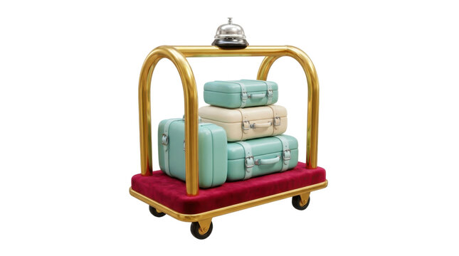 Luggage trolley with suitcases on red carpet base for hotel lobby service front view 3d.