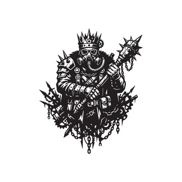 Post apocalyptic wasteland king warrior with mace and gas mask illustration.