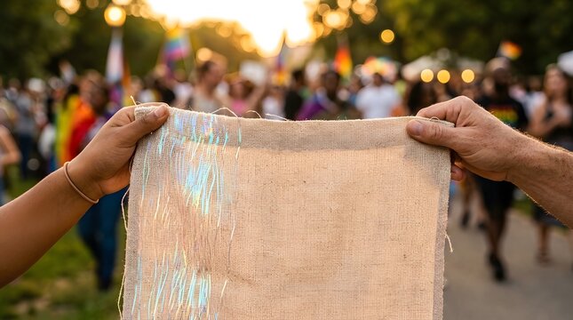 Sunlit hands proudly display blank textured fabric banner, warm golden light illuminates blurred outdoor demonstration, engaging marketing message.