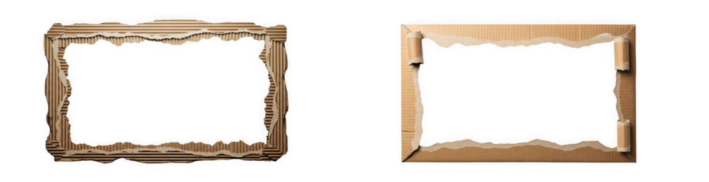 Two rectangular frames made of torn corrugated cardboard isolated on transparent background