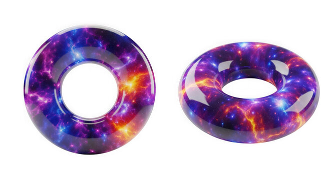 Two glossy torus shapes with galaxy nebula texture isolated on transparent background