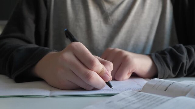 Hands carefully drafting answers on paper. Tense student meticulously completing answer sheet under soft light. Student attentively writes answers with steady hand during important task