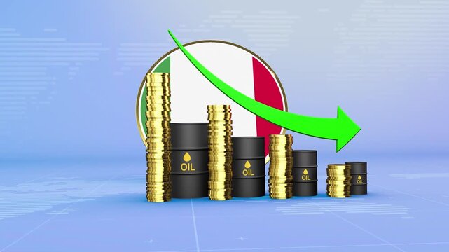Italy Oil Prices Decline with Oil Barrels, Gold Coins and Downward Green Arrow, 3D Economic and Financial Market Concept