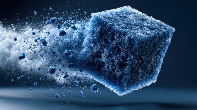 A close-up of a floating digital sponge absorbing and removing unwanted elements, symbolizing data cleanup, digital efficiency, and optimization in a modern technological context.