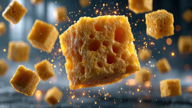 A digital sponge floating and absorbing unwanted elements, symbolizing efficient data cleaning and removal of unnecessary digital clutter.