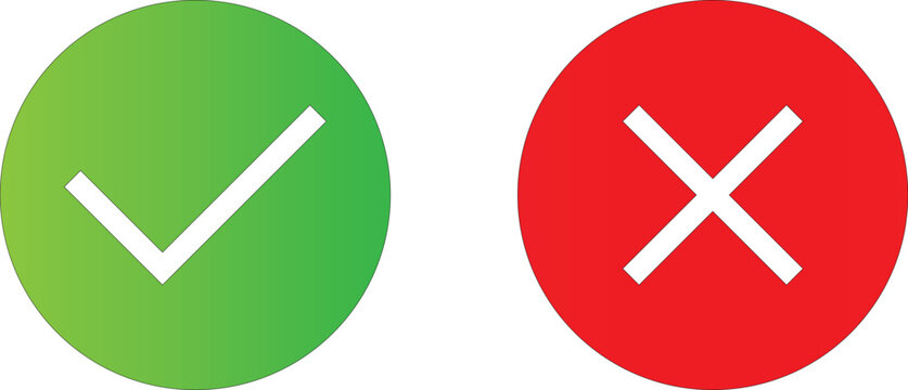Circular Green Check Mark and Red X Icons - Flat Yes/No Symbols