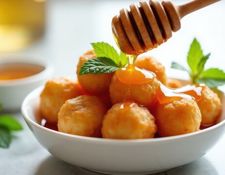 Golden fried dough balls known as baursak rest in white ceramic bowl. Liquid amber honey drips from wooden dipper over pastry. Green mint leaves add fresh garnish. Traditional Kazakh cuisine dessert