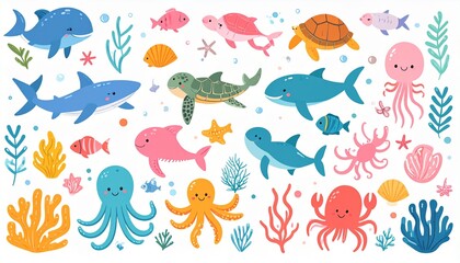 Naklejka premium Cute Cartoon Underwater Sea Animals Collection with Coral Reef Illustration