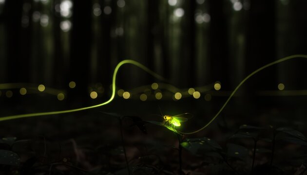 Glowing firefly in a dark forest with light trail